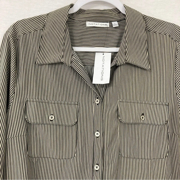 New Notations Black Tan Striped Office Career Long Sleeve Button Down Large - Picture 4 of 12